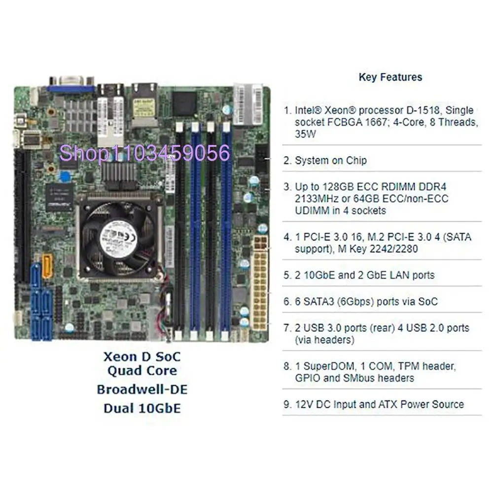 슈퍼 마이크로 X10SDV-4C +-TLN4F 용 제온 프로세서 D-1518, 단일 소켓, FCBGA 1667 Mini-ITX DDR4-2133MHz, 4 * SATA3 (6Gbps) 포트, 신제품