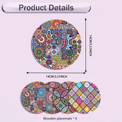 Set of 4 Durable and Heat - Resistant Mandala Wooden Placemats - Stylish, Non - Slip, and Easy to Clean - 15cm (4pcs)
