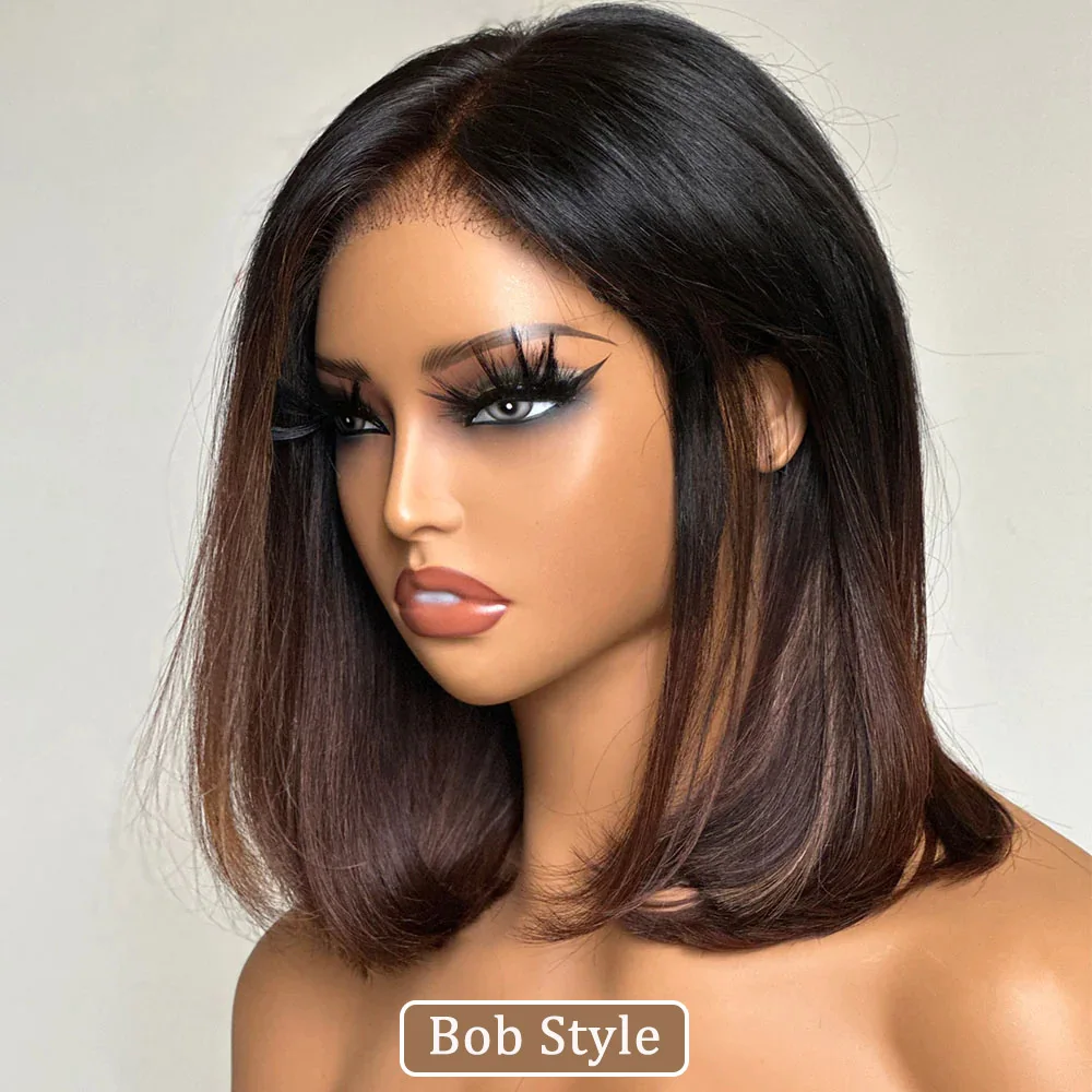 Ombre Brown Straight Human Hair Wigs for Women 180 Density Lace Front Wig Pre Plucked Brazilian Hair Natural Lace Frontal Wig