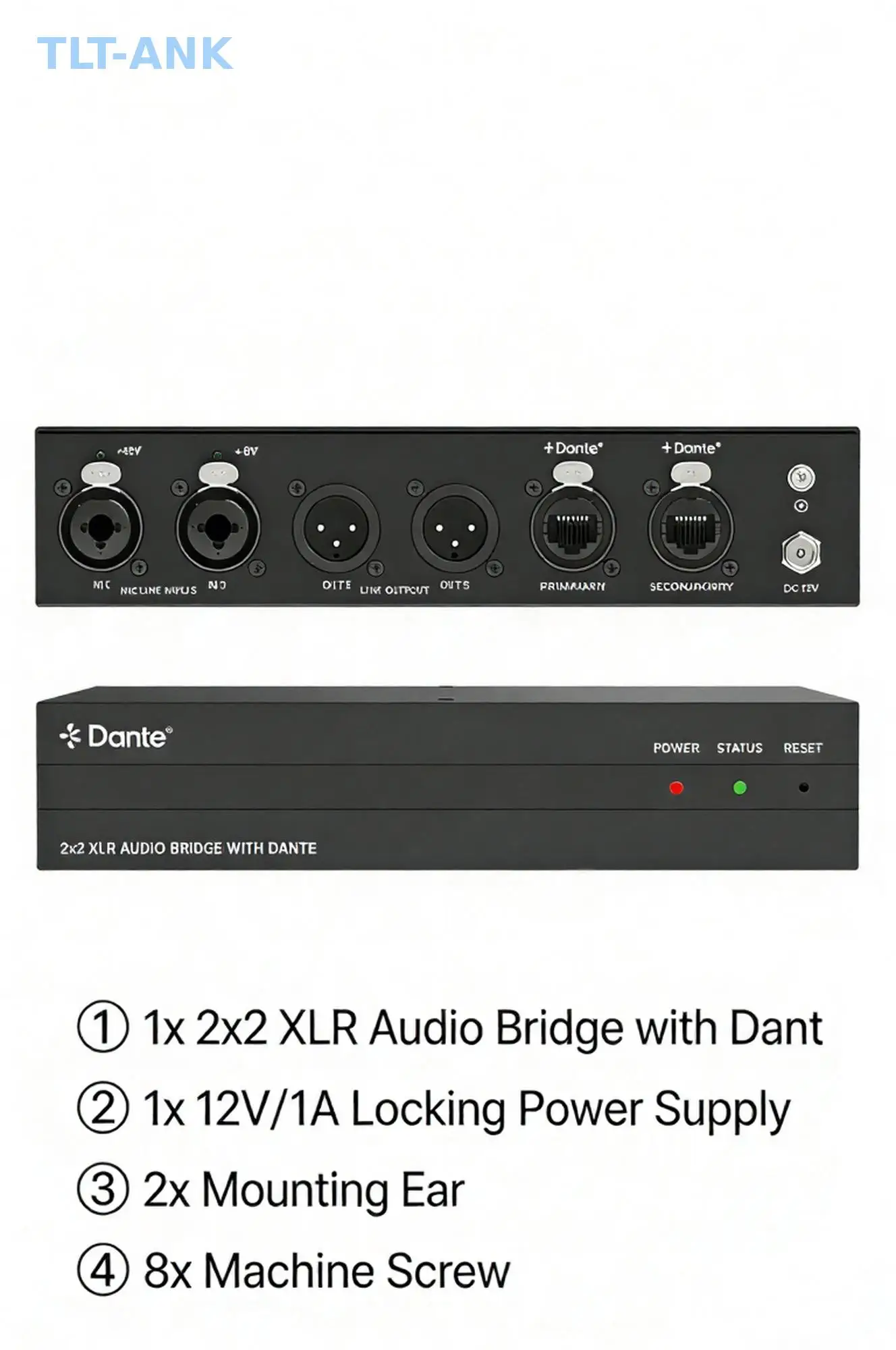 2x2 단테 오디오 브리지 XLR 아날로그-디지털 변환기 (DSP, PoE+ 48V 팬텀 파워 포함) XLR 2입력 2출력 단테 네트워크 브리지