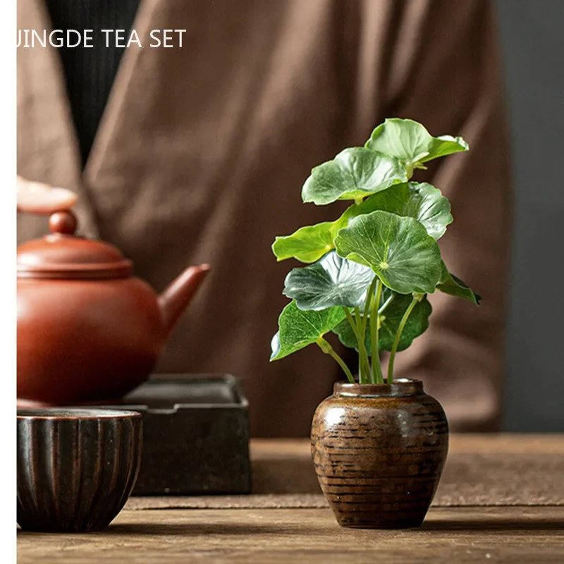 Creative Ceramic Mini Tea Pet Decoration Tea Tray Simulation Flower Small Vase Ornament Tea Set Decor Accessories Desk Ornament