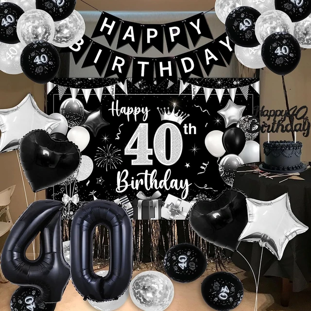 Happy 40th Birthday Backdrop Banner Balloons, Black and Silver