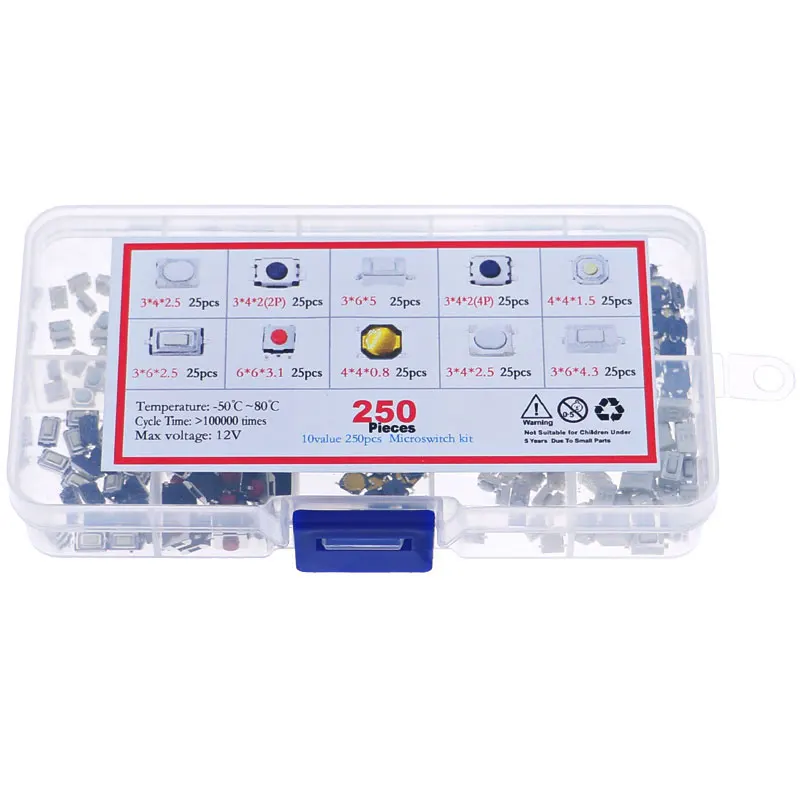 250Pcs 10Value Car Remote Control Keys Button Touch Microswitch Micro Switch Push Button Tact Reset Switches Assorted Mixed kit tactile push button switch