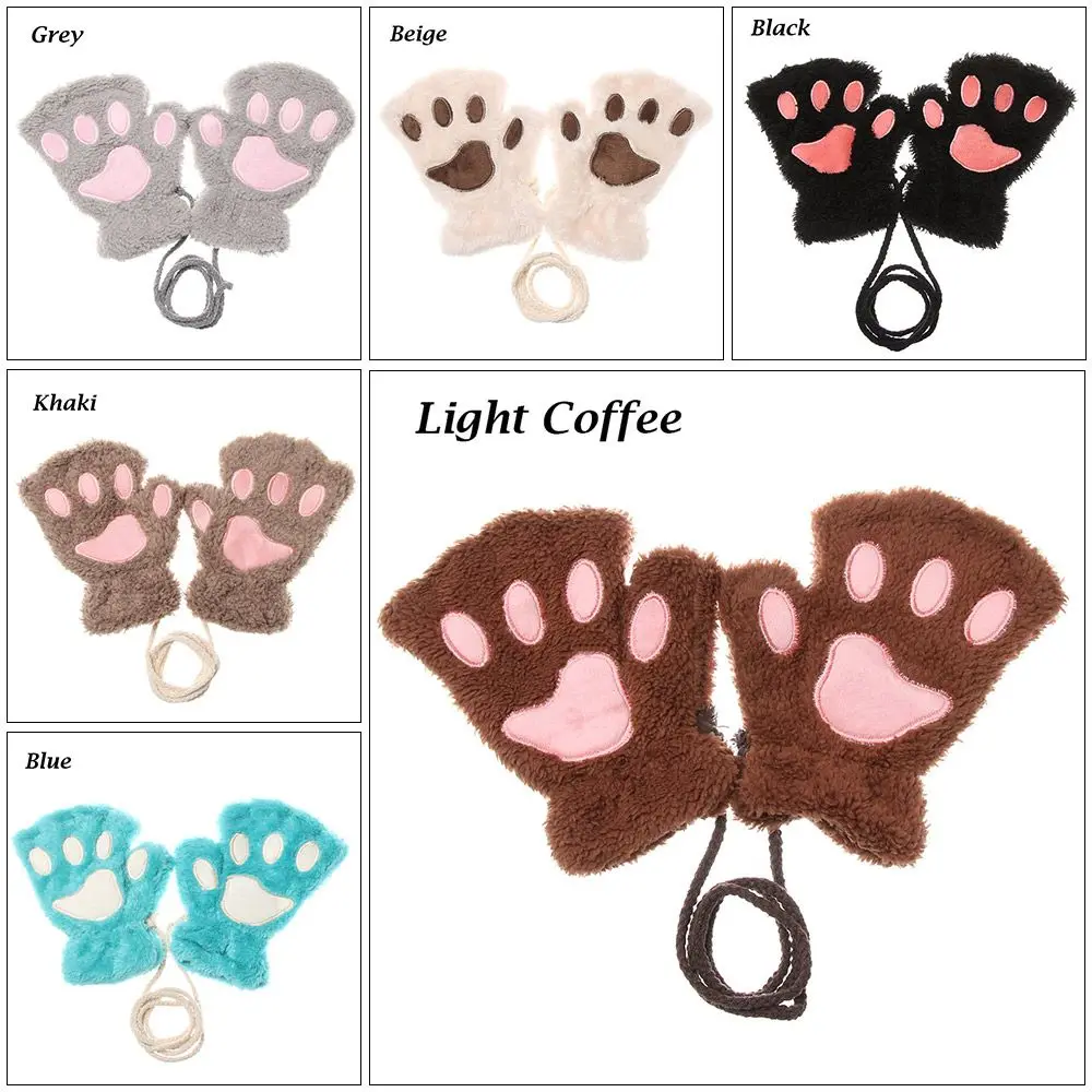 Lovely Warm Plush Fluffy Warm Children Gloves Cat Paw Mittens Fingerless