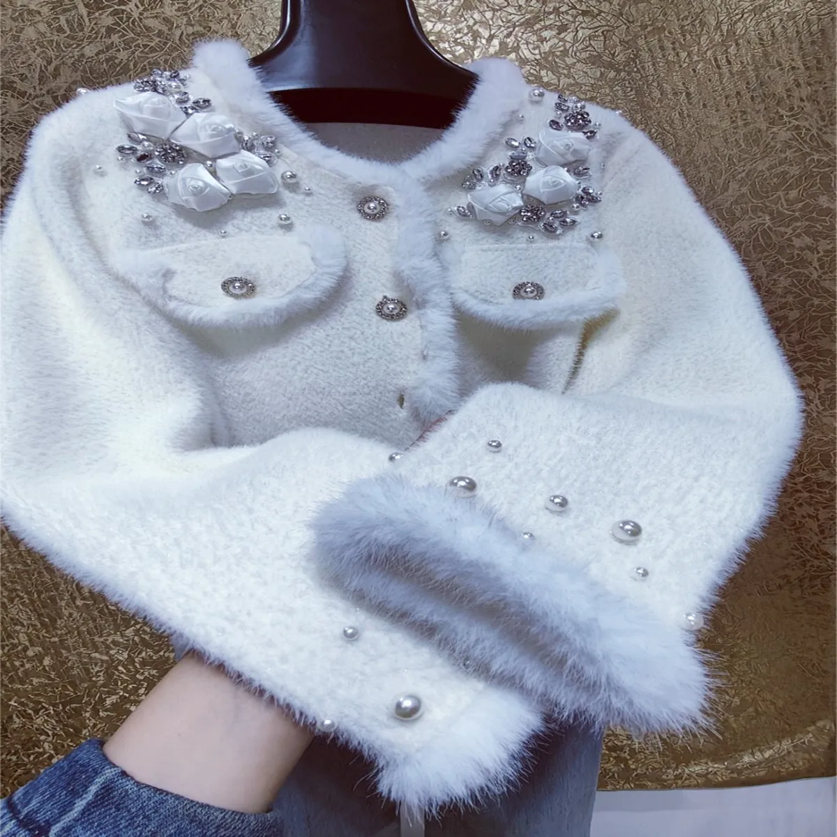 

Fashion Diamond Flower Knitted Cardigan Women O-neck Loose Beading Small Fragrance Outwear