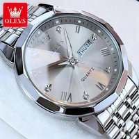 OLEVS Men Watches Smart Casual Top Brand Stainless Steel Original Quartz Wristwatch Rhombus Mirror Waterproof Date Week Luminous