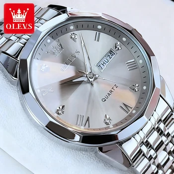 OLEVS Orologi da uomo Smart Casual Top Brand Orologio da polso al quarzo originale in acciaio inossidabile con rombo Specchio impermeabile Data Settimana luminosa