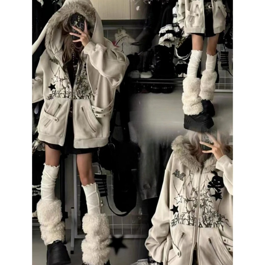 서브컬쳐 코트 빈티지 긴 소매 캐주얼 프린트 후드 재킷 하라주쿠 카와일 스웨트셔츠 레트로 2000년대 아메리칸 시크 탑스 - AliExpress