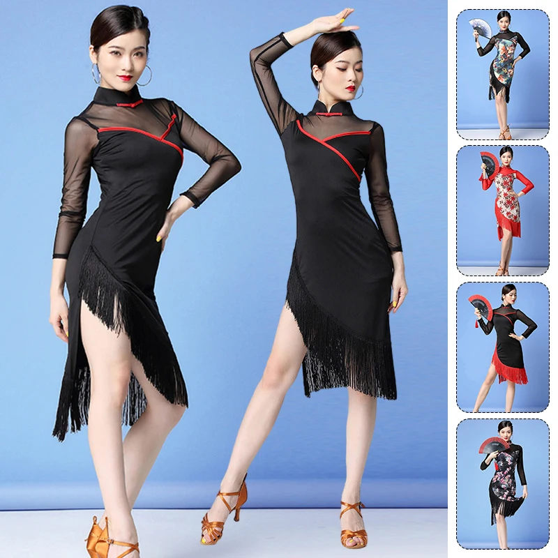 

Women Latin Dance Dress Ballroom Dancing Gauze Tassel Cheongsam Dress Cha Cha Rumba Tango Practice Stage Performance Costumes