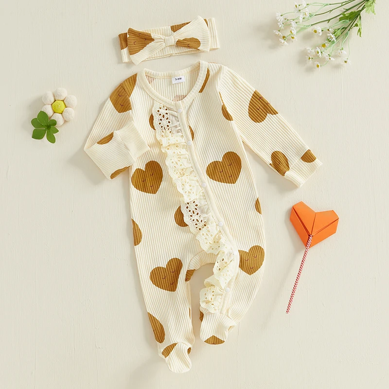 Baby Girls Footies Rompers Valentine's Day Clothes Heart Print Long Sleeve Lace Ruffles Infant Bodysuits with Headband 0-18M
