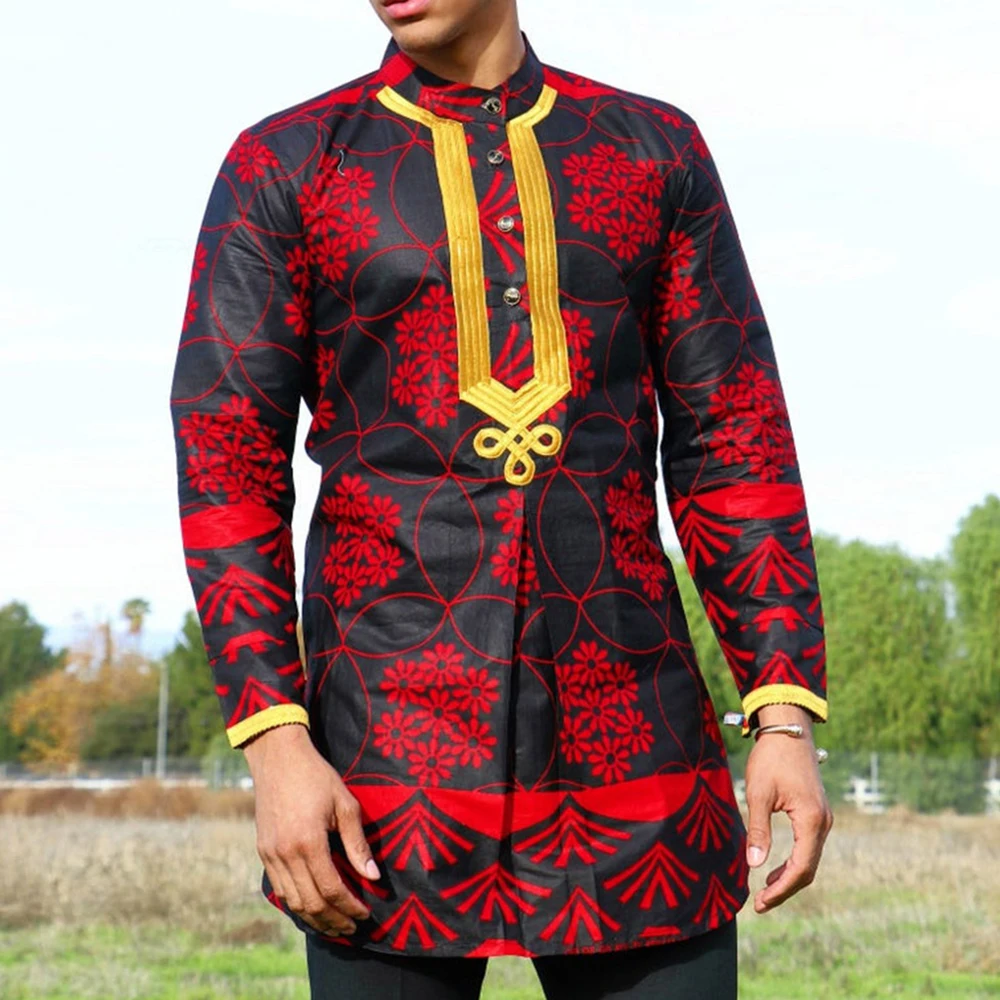 

African Tribal Chiefs Men's Traditional Casual Round Neck Red Totem Embroidery Four Seasons Men's Casual Business Shirt Shirt