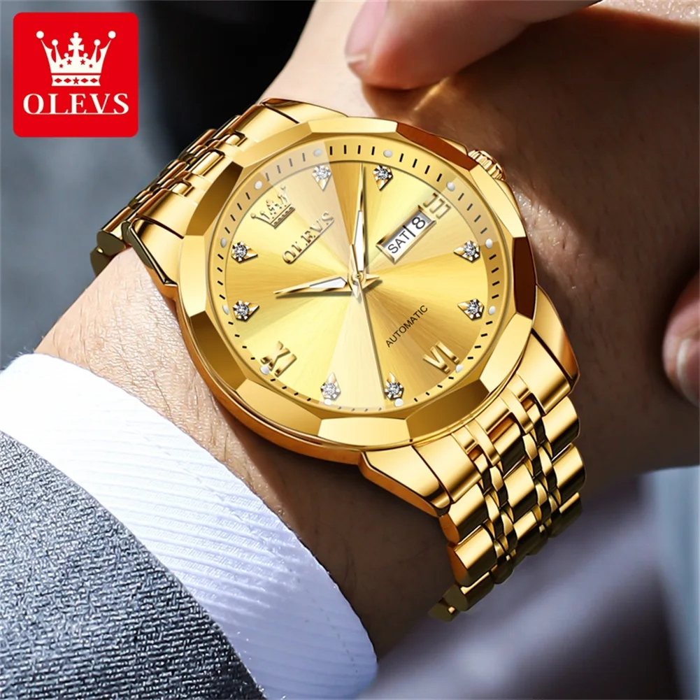 OLEVS 9982 Men Automatic Watch Classic Top Brand Mechanical Watch For Men Rhombus Mirror Dual Calendar Luxury Male Wristwatch