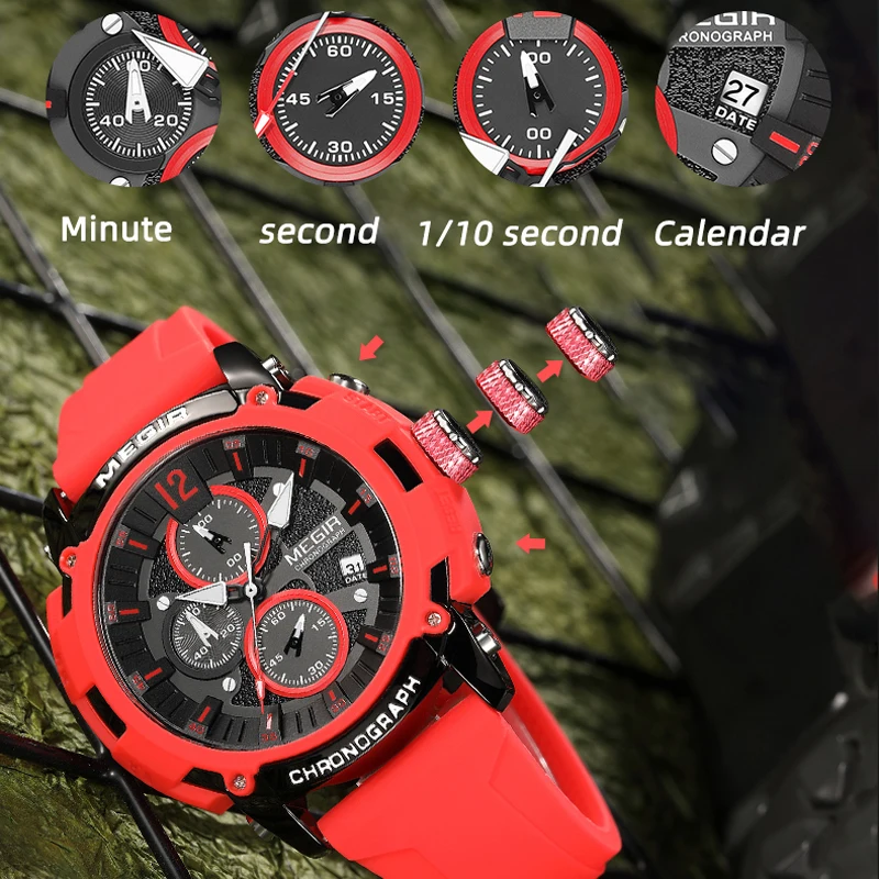 Men's Orange Silicone Strap Chronograph Watch with Luminous Hands and Date Feature