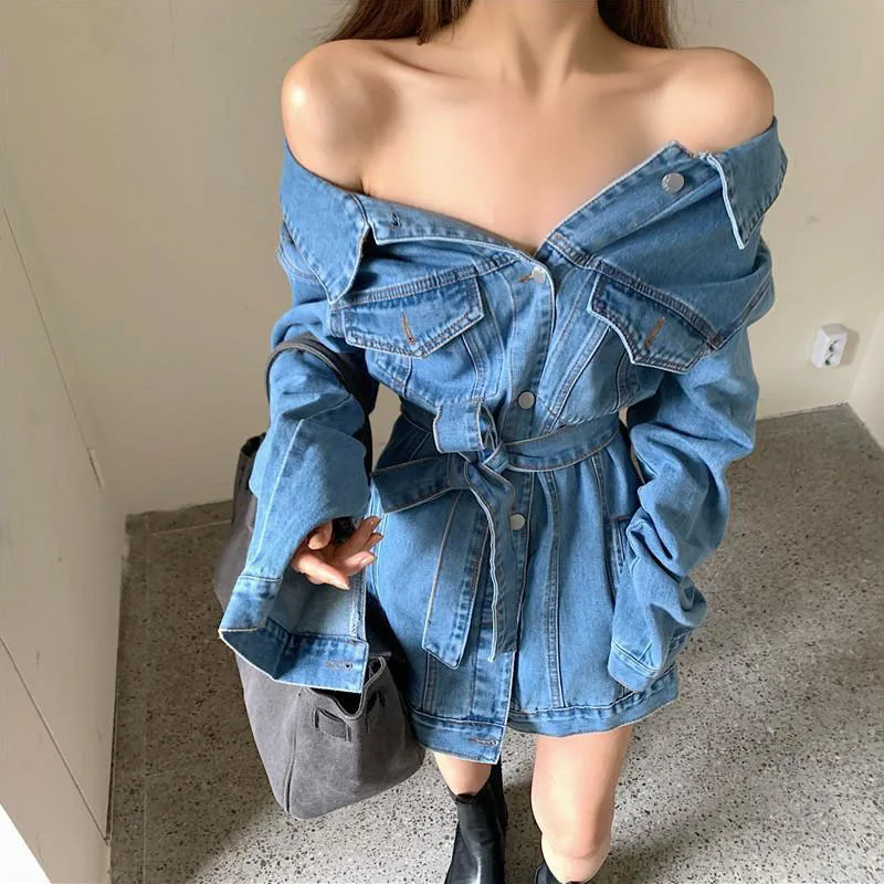 Vintage Off Shoulder Denim Jacket Women Korean Waist Lace Up Cardigan Tops Woman High Street Single Breasted Blue Jean Coats