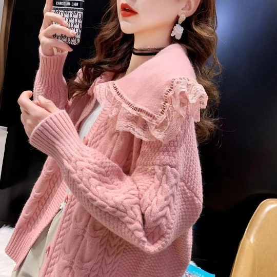 

Pink Japan Korean Knitting Lady Girl Woman Blouse Shirt Women Sweater Cardigan Knit Tops Women's Sweaters Top Coat Cloth Suétere