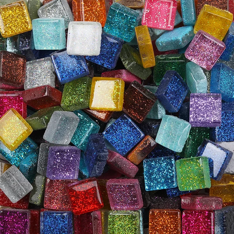 50PCS Diy Mix Color Glitter Glass Mosaic Stones Mosaic Tiles Glass Pebbles Crafts Material Puzzle For Diy Mosaic Making 9*9mm