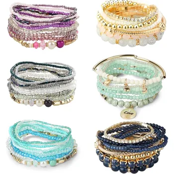 6 Sets Bohemian Stackable Bead Bracelets for Women Stretch Bohemian Style Multilayered  Bracelet Set Jewellry Gifts