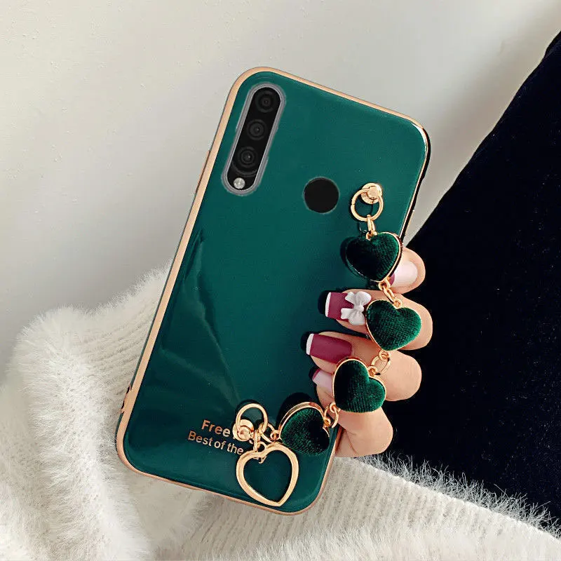 Роскошный красный чехол для Honor 10Lite с сердечками плюшевый цепочкой на запястье