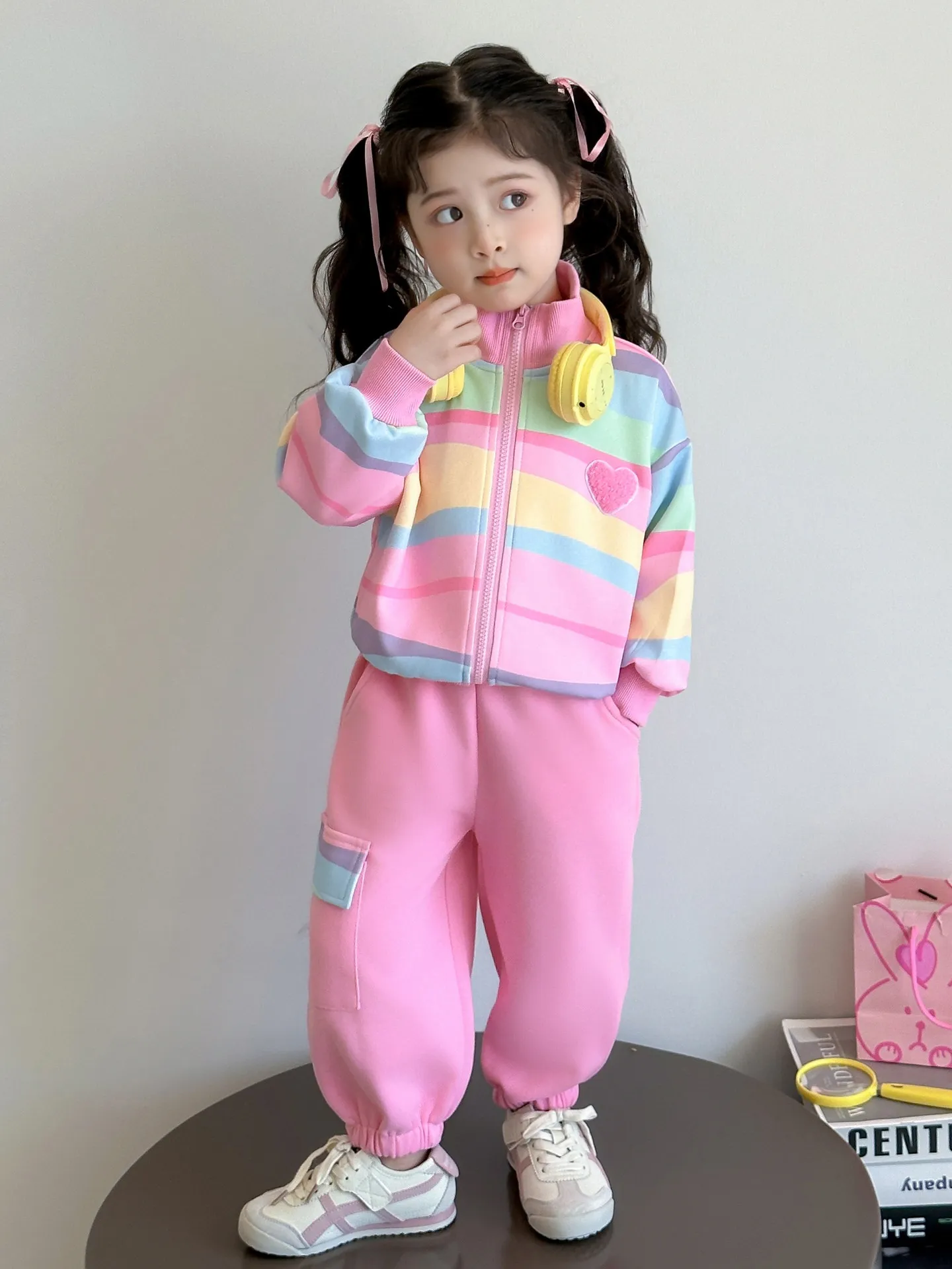 여아 봄 가을 스포츠 세트 컬러 스트라이프 긴팔 러브 가디건 스트레이트 팬츠 패션 귀여운 아동 투피스 세트