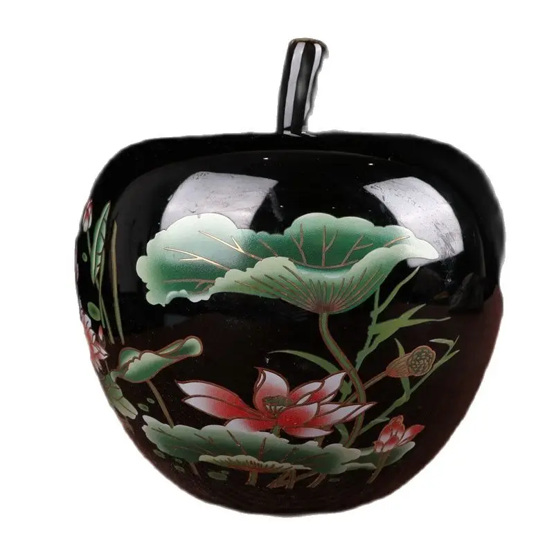 

China Old Porcelain Apple Jar With Black Gold Glaze And Lotus Leaf Pattern Storage Pot