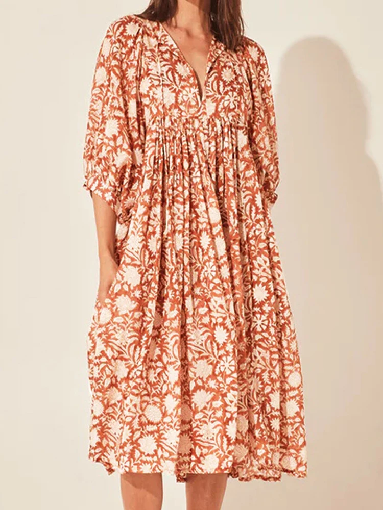 LAYAN-B Maxi Abito Donna Hippie Con Lettere Stampate E Tasche - Scollo A V, Senza Maniche, Estivo