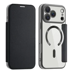 Premium Flip Magnetic PU Leather Wallet Case with Transparent Card Holder and Wireless Charging Compatibility - iPhone 17 Pro (Black)