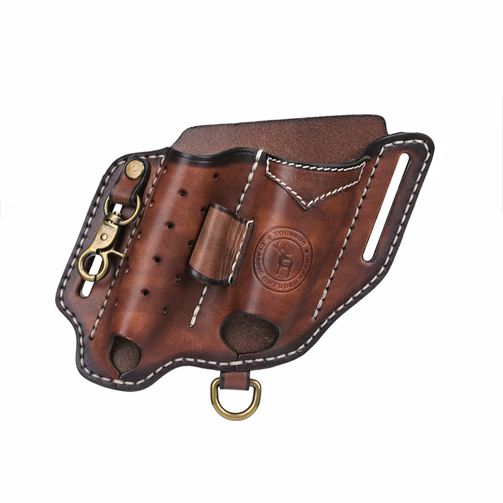 Tourbon Camping Accessories Leather EDC Folding Knife Pocket Organizer Flashlight Holder Mini Knife Pouch Key Chain Brown