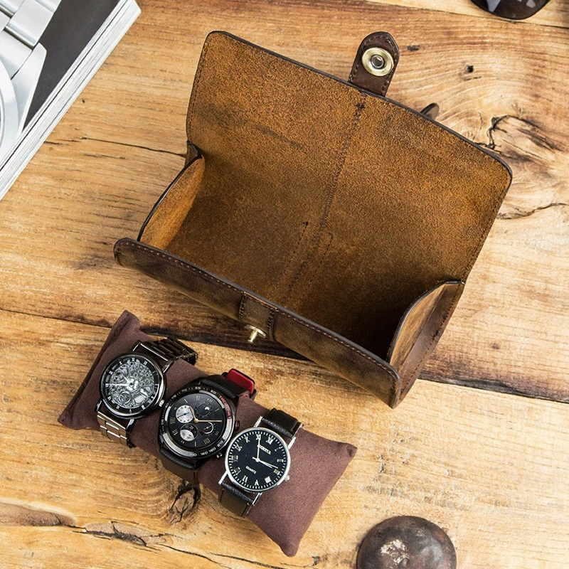 Leather Watch Box uxury Handmade Watch Roll Box Organizer 3 Slots Travel Leather Case Holder Storage