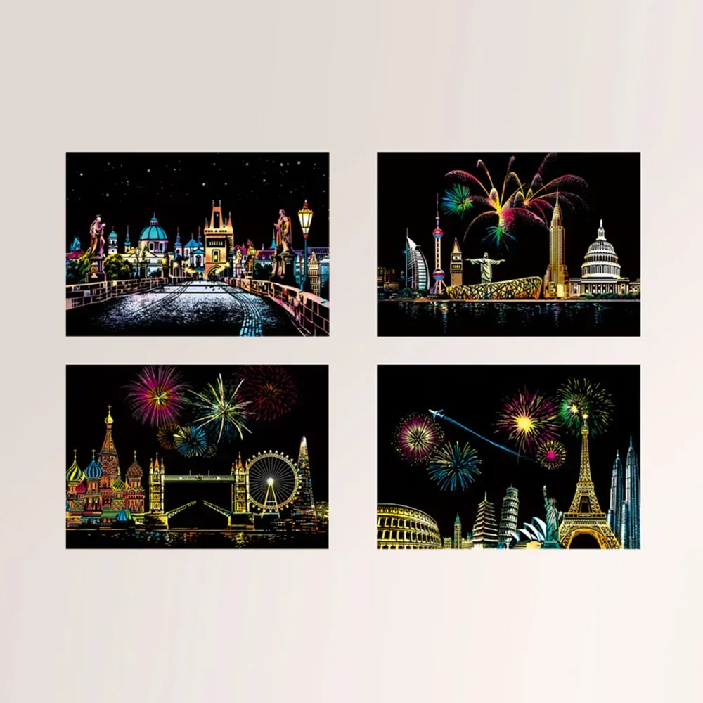 Picture Scratch Paintings Paintings Useful View 20*14cm 4Pcs set Building Children City DIY Decoration Drawings