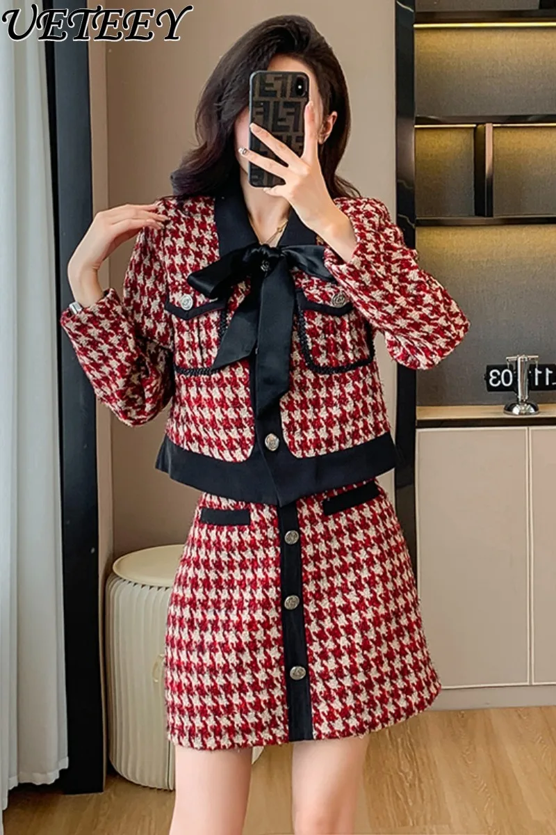 

Socialite Tweed Plaid Skirt Suit Women's Autumn and Winter New Fashion Woolen Coat Jacket Top Sheath Short Skirt Two-Piece Sets