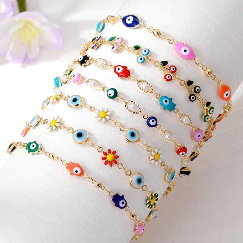 Beaded Bracelet Turkish Evil Eye Hamsa Hand Flower Beads Bracelet Women Boho Lucky Blue Eye Fatima Hand Adjustable Anklet Chain Wedding Jewelry