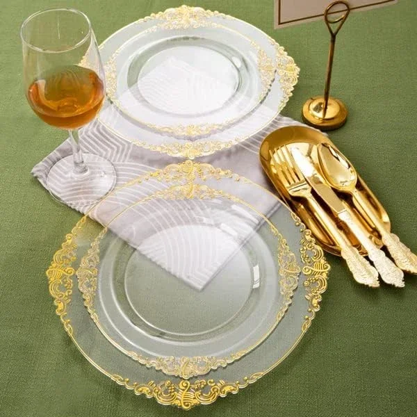 50 People Plastic Dinner Plates White Plastic Plates with Gold Rim Gold Lace for Weddings Celebration