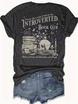 Introverted Book Club Women's Tee - Skull & Books Graphic, Casual Dark Grey Top 1