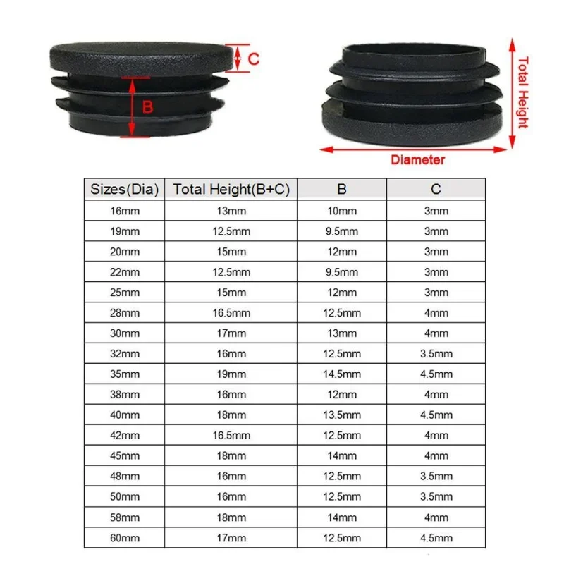 Pipe End Cap Silicone Rubber Caps Rubber Caps Silicone Rubber Plugs Floor Protector Caps Round Pipe Inner Plug 10-60mm Tube End Cap for Table Chair Leg Dust Cover Protector Pads Leveling Feet Furniture Accessories