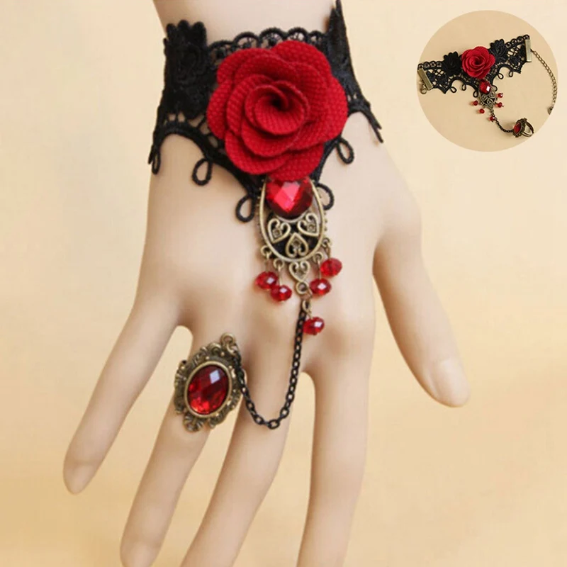 Halloween Women Rose Bracelets Steampunk Gothic Style Lace Bracelet Vampire Black Cosplay Costume Prop Ladies Bangles Jewelry - Image 3