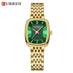Elegant Gold Square Dial Women's Watch with Stainless Steel Strap (Gold Green)