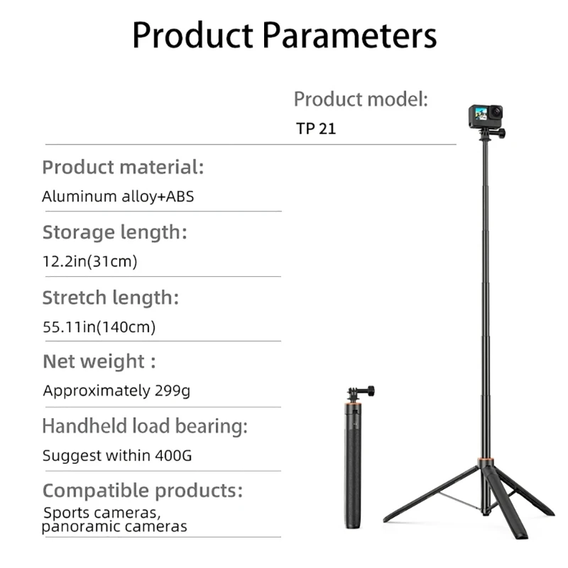 포켓 3 셀카 스틱 스포츠 카메라 용 연장 막대 삼각대 140CM 55 인치 통합 스틱 카메라 마운트 액세서리