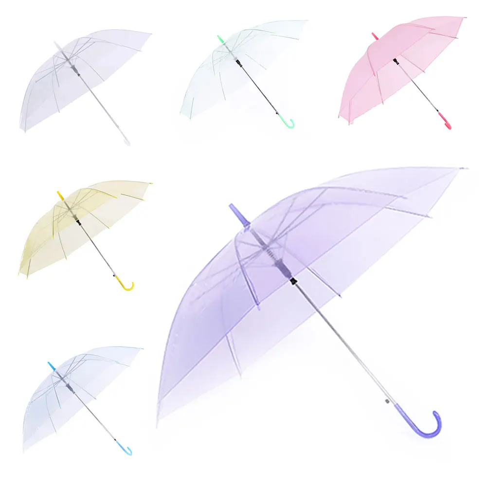 Transparent Color Umbrella for Women Long Handle J Hook Automation Beach Parasol Sun Rain Umbrellas