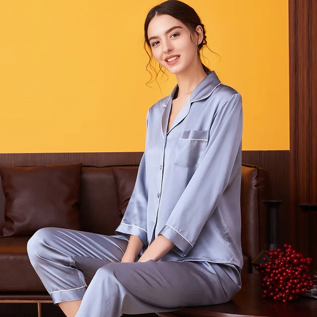 Female Real Silk Pajama Sleepwear 100% Pure Women's Pajamas Suits Long Top and Pant Silk Pajama Sets Plus Size Pijama Home Suit Haze Blue
