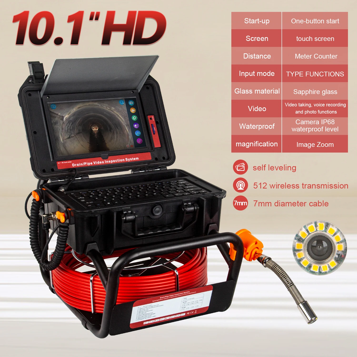 IPS 10.1-inch Screen Sewer Pipe Inspection Camera ,5 Times Electronic Zoom, 20M Pipe Borescope,12 LED Lights,With 512HZ Locator Video ,IP68 Waterproof  