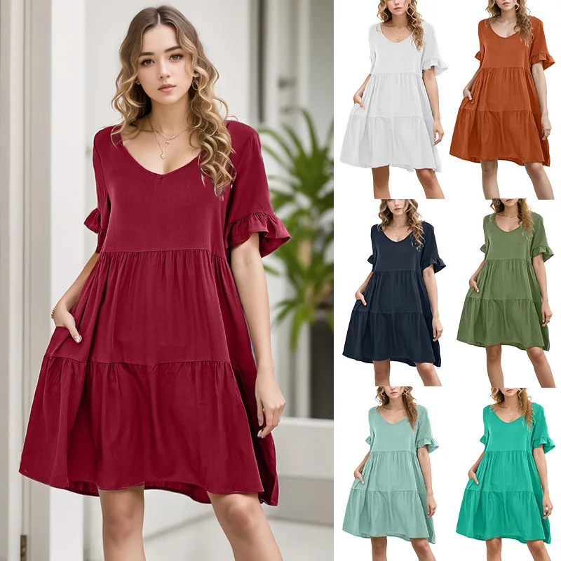 2024New Women's Summer CasualVThree-Layer Pleated Dress with Collar