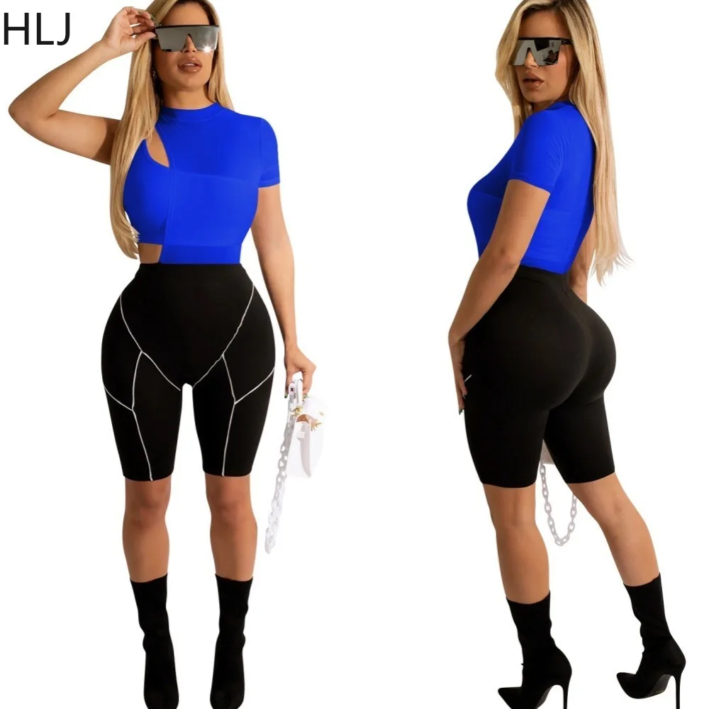 HLJ Casual Solid Color Biker Shorts Two Piece Sets Women Round Neck Mesh Crop Top + Shorts Tracksuits Female Sporty 2pcs Outfits