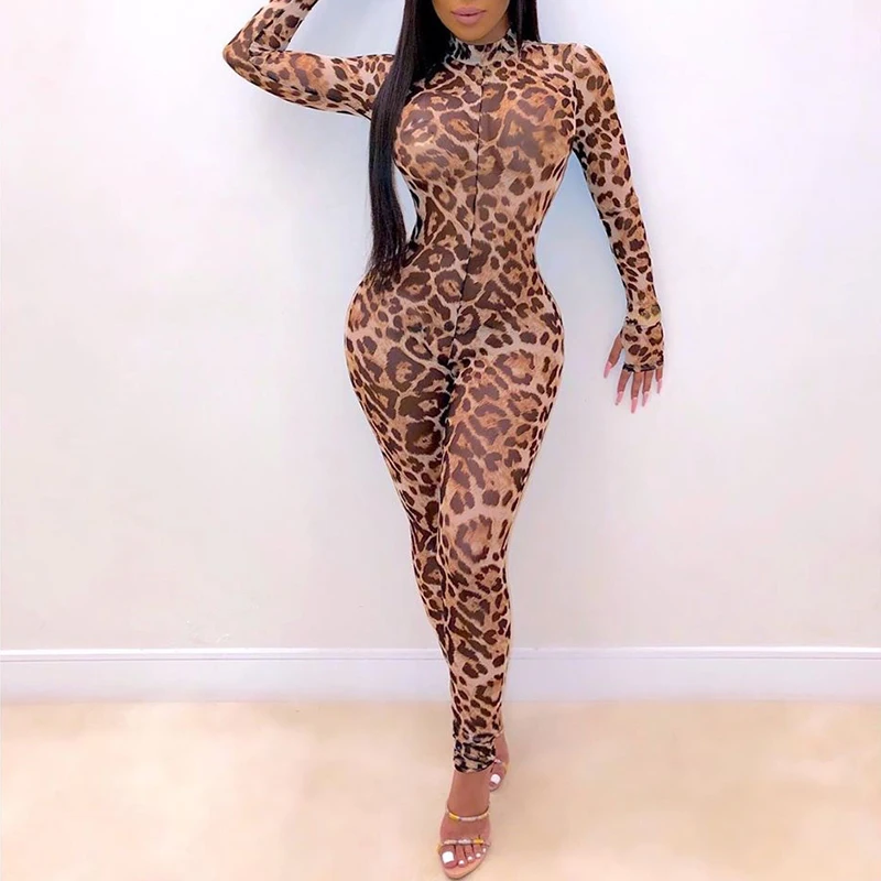 

OMSJ Women's Fashion Wild See Through Leopard Print Mesh Patchwork One Piece Zipper Jumpsuits Sexy Slim High Street Party Outfit