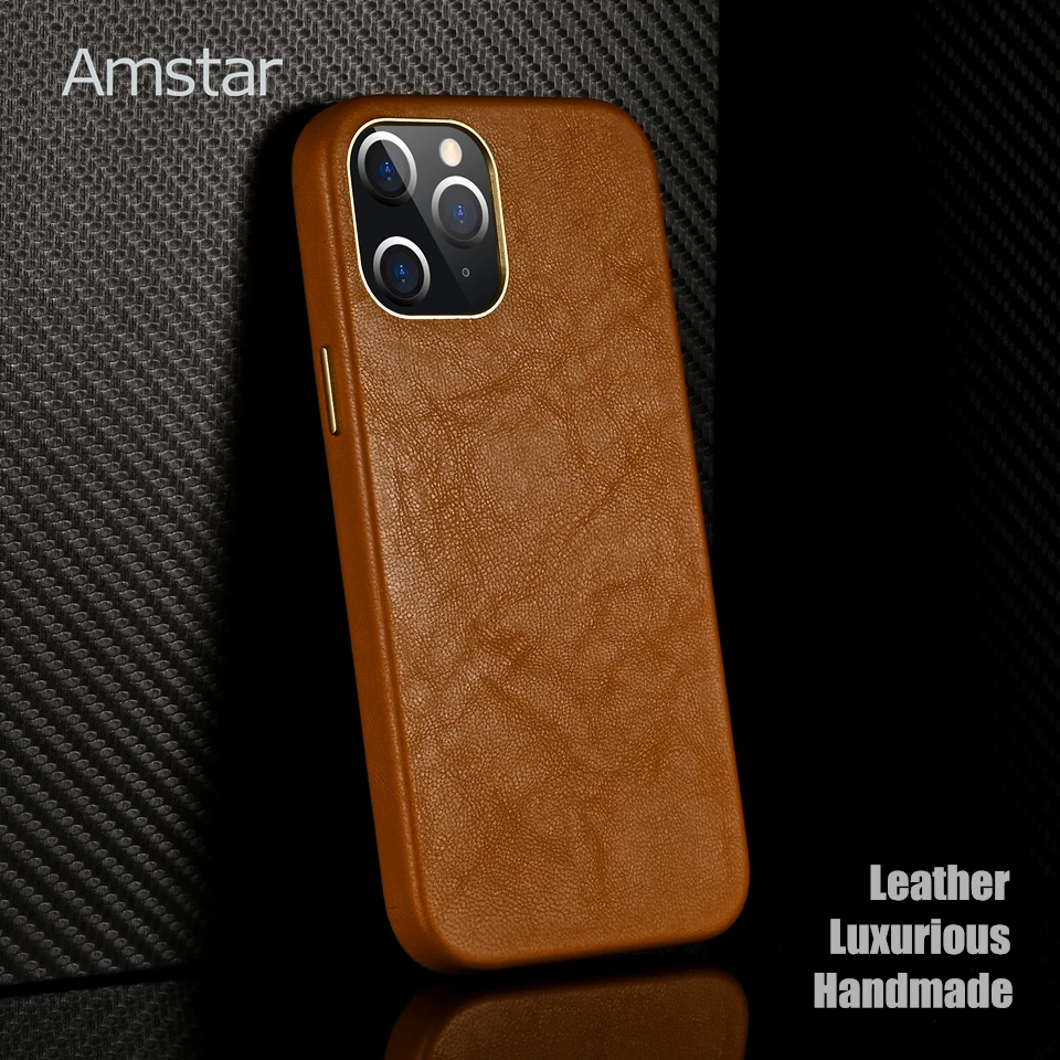 

Роскошный кожаный защитный чехол Amstar для iPhone 12 11 Pro Max, полностью закрывающий чехол ручной работы с металлической кнопкой для iPhone X XR XS Max 8