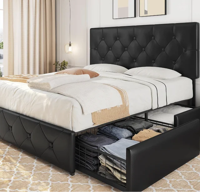 Queen Size Upholstered Bed Frame with 4 Drawers and Adjustable Headboard, Faux Leather Platform Bed with Mattress Foundation St
