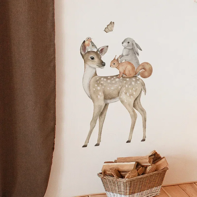 Hand Drawn Cute Deer Rabbit Fox Wall Stickers for Kids Rooms Nursery Living Room Baby Bedroom Wall Decor Animals Child Wallpaper wall stickers luminous wall stickers vinyl decal stickers