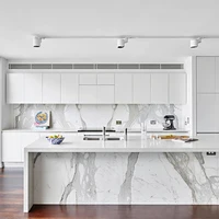 โมเดิร์นไม้สแตนเลส Beige Taverntine เคาน์เตอร์และ PAN Organizer ฐานลามิเนตบุฟเฟ่ต์ Island ตู้ครัวตู้ 2