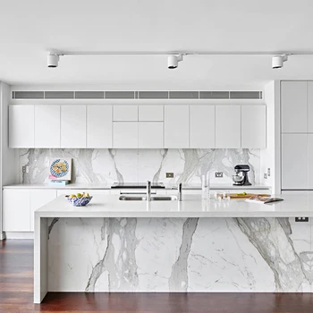 โมเดิร์นไม้สแตนเลส Beige Taverntine เคาน์เตอร์และ PAN Organizer ฐานลามิเนตบุฟเฟ่ต์ Island ตู้ครัวตู้ 2