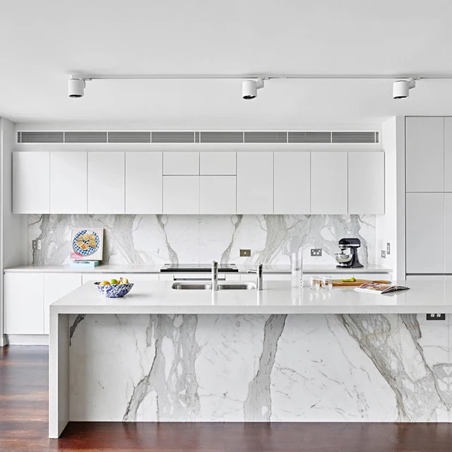 โมเดิร์นไม้สแตนเลส Beige Taverntine เคาน์เตอร์และ PAN Organizer ฐานลามิเนตบุฟเฟ่ต์ Island ตู้ครัวตู้ 2