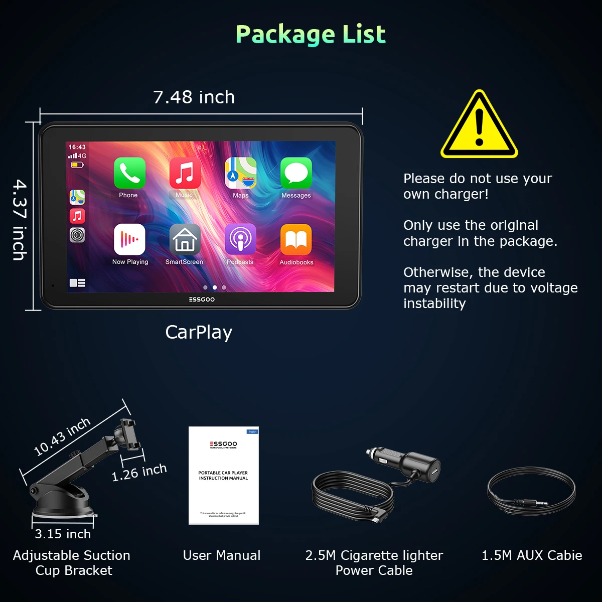 ESSGOO Radio Estéreo para Auto Universal Portátil con Pantalla Táctil 4K de 7 Pulgadas, Carplay Inalámbrico, Android Auto, BT, Mirror Link, AUX, Control por Voz, FM 6